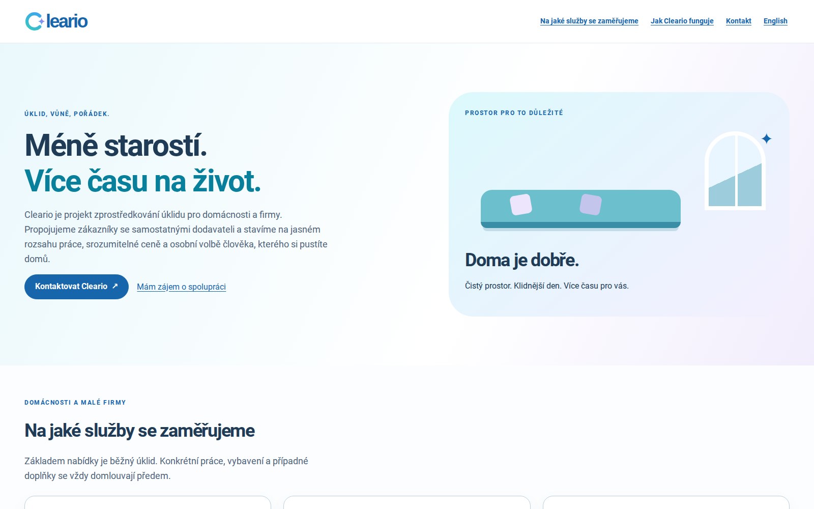 Homepage of Cleario with the presentation of cleaning services